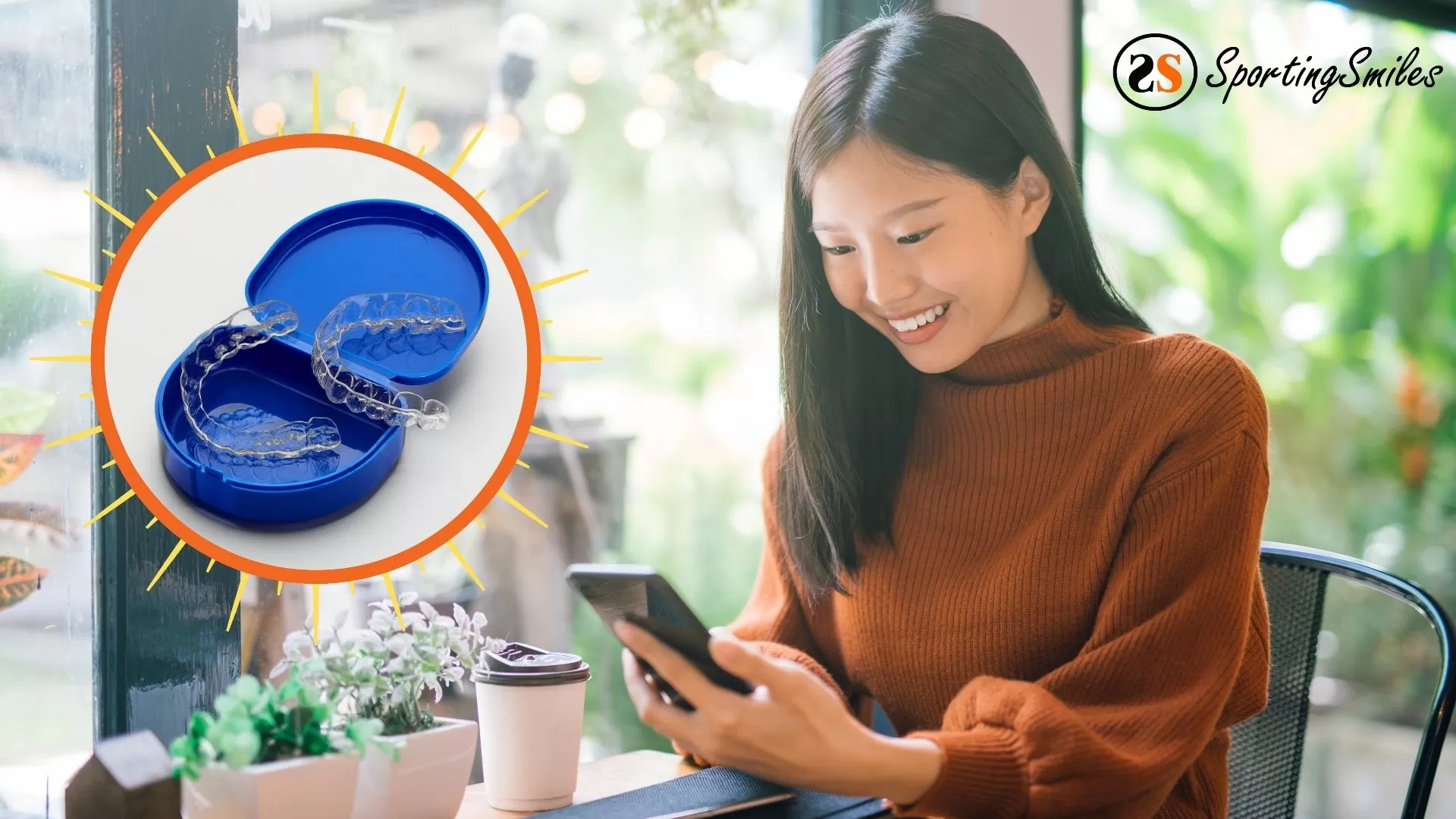 Woman happily sits while ordering an essix retainer online