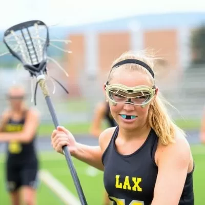 A lacrosse player with a mouth guard