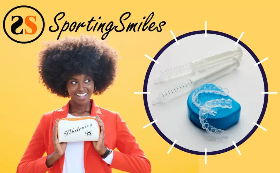 Woman holding custom teeth whitening bag looking at custom teeth whitening trays